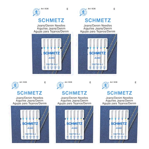 SCHMETZ Jean & Denim Sewing Machine Needles - Precision Needles for Heavy Fabric, Assorted Sizes, 5-Needle Cards, Pack of 5