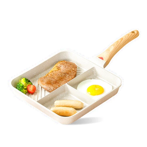 Unoschrim Nonstick Divided Grill Pan, 3-in-1 Egg Pan, Aluminium Square Big Grill Skillet with Bakelite Handle, Versatile Breakfast Grill Pan for Cooking Egg, Steak and Bacon, Induction Compatible