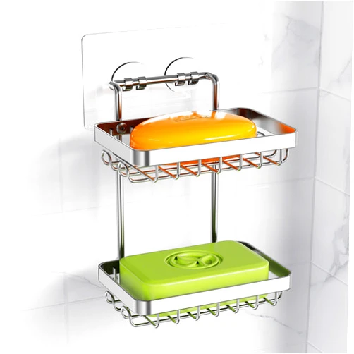 Nieifi 2 Tier Soap Holder Shower, Stainless Steel Adhesive Bathroom Shower Wall Dish Holder with Hooks, Silver