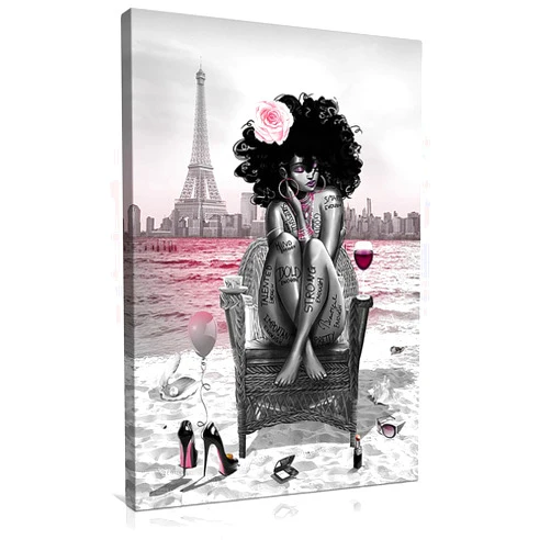 Familypers African American Wall Art Fashion Black Girl On The Beach Canvas Prints Gray Pink Eiffel Tower Painting Picture Modern Artwork For Bathroom Living Room Home Wall Decor Framed Ready To Hang 12x18 Inch