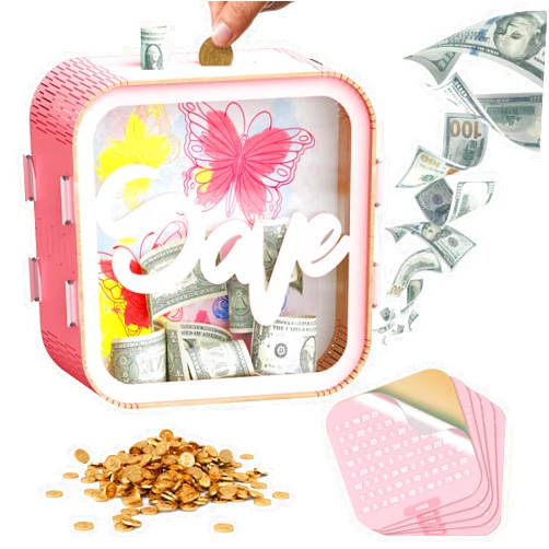 Kickduck 5-in-1 Piggy Bank for Kids-Wooden Money Saving Box, Savings Challenge Box($500/$1000/$2000/$3000/$10000), Kakeibo Money Box with Counter, Cash Vault Savings Box, Coin Bank for Girls-Butterfly
