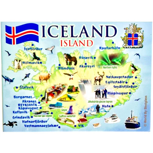 World By Shotglass Iceland Graphic Map and Attractions Souvenir Fridge Magnet 2.5