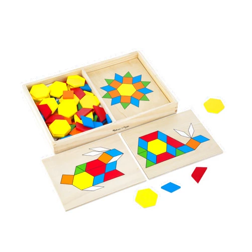 Melissa & Doug Pattern Blocks and Boards - Wooden Classic Toy With 120 Solid Wood Shapes and 5 Double-Sided Panels, Multi-colored - STEAM Animals, Tangrams Puzzle For Kids Ages 3+