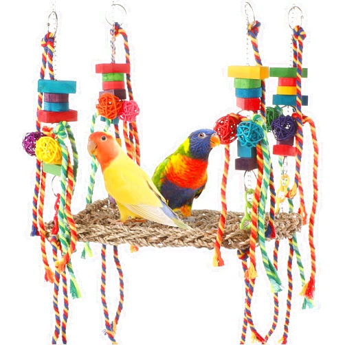 AFUOWER Bird Toys, Bird Foraging Wall Toy, Parrot Chewing Toys Seagrass Woven Hammock Swing Mat Toys with Colorful Ropes Wooden Blocks for Parakeets, Lovebirds, Cockatiels, Conures (Hammock Swing)