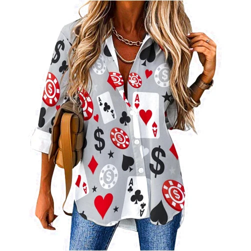ShuDianhkqwe Playing Card Suit Casino Pattern Women's Shirt Cropped Tshirt V-Neck Shirt Button Down Blouses Tops