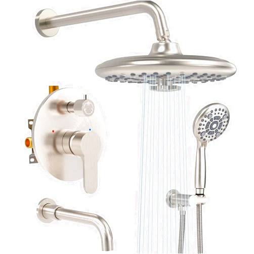 SR SUN RISE 10 Inches Wall Mounted Shower System with Tub Spout Shower Tub Faucets Sets Complete Newer Model High Pressure 8-Spray Rain Shower Head and 6-Setting Handheld Combo, Brushed Nickel