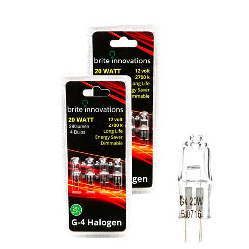 Brite Innovations G4 Halogen Bulb, 20 Watt (8 Pack) Dimmable Soft White 2700K -12V-Bi Pin -, T3 JC Type, Clear Light Bulb