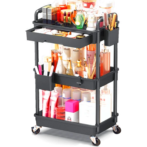 SUNALLY Makeup Cart Organizer with Drawers, Floor Skincare Organizers Vanity Storage Organizer, Rolling Makeup Bathroom Storage Cart Cosmetics Display Cases for Skin Care Perfume Nail Polish, Black