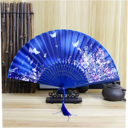 Axdt Folding Hand Fan - Chinese Japanese Vintage Bamboo Silk Fans, Foldable Hand Fan for Women, Suitable for Dance, Performance, Decoration, Party (Blue Butterfly)