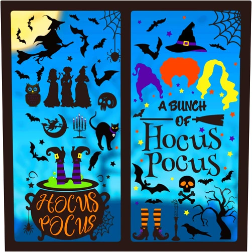 AnyDesign 4Pcs Halloween Window Decals Crazy Witches Hocus Pocus Window Clings Bats Spider Webs Owl Witch PVC Stickers for Halloween Party Home Office Window Glass Mirror Decoration 8.9 x 11.8