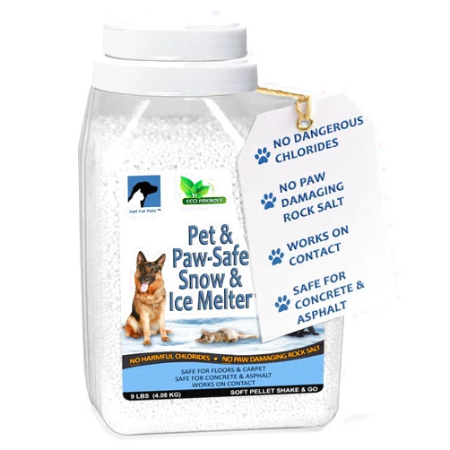 JUST FOR PETS Snow & Ice Melter Safe for Pets & Paws Contains No Toxic Chlorides or Painful to The Paw Rock Salt, Safe for Dogs & Cats. Fast Acting and Works On Contact 9 lb. Shaker Jug