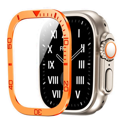 BOVIPO Compatible with Apple Watch Ultra 2/1 Screen Protector 49mm, Titanium Alloy Frame [Touch Sensitive] HD Tempered Glass Protective Film Case for iWatch 49mm (Orange)