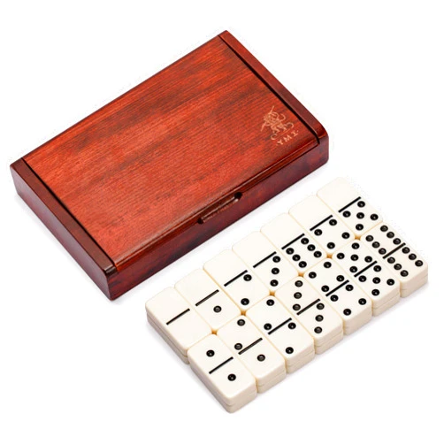 Yellow Mountain Imports 28 Tiles Double 6 Dominoes (Pips/Dots) Game Set - Jumbo Tournament Size Dominos with Dark Oak Wood Case