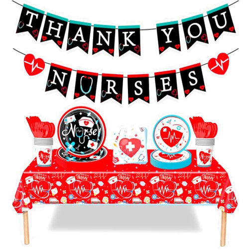 QWKIT Nurse Graduation Party Decorations, Doctor Nurse Medical School Graduation Party Tableware Set, Serves 12 and Includes Plates, Napkins, Cups, Tablecloths, and Congrats Banner 86 Pcs