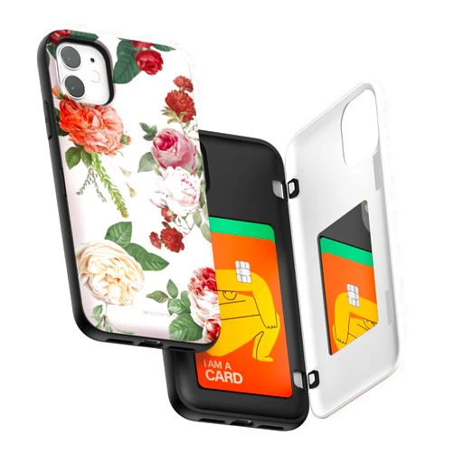 GOOSPERY iPhone 11 Wallet Case with Card Holder, Protective Dual Layer Bumper Phone Case - Pink Flower