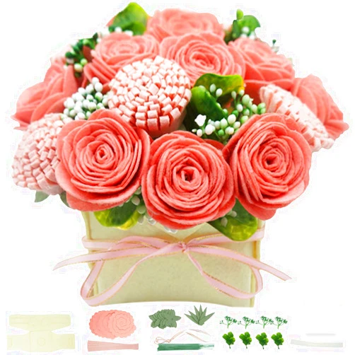 BAZIMA ALICE BAZIMA DIY Felt Flower Art Craft Kit,DIY Pink Rose and Carnation Bouquet Kit, Floral Gifts,Beginner Craft Kit,Arrange Pre-Cut Felt Flowers and Foliage