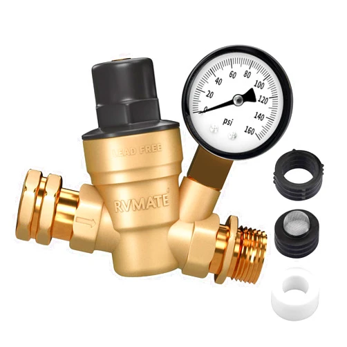 RVMATE RV Water Pressure Regulator, Brass Lead-Free Water Pressure Reducer Kit, Adjustable Valve with Inlet Screen Filter, for Camper Travel Trailer