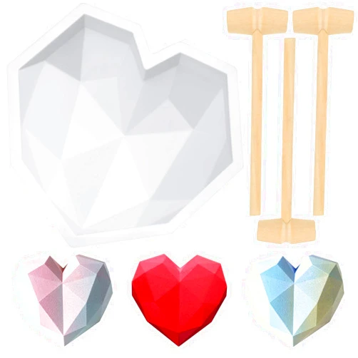 Patelai Heart Mold 7.8 Inch Chocolate Diamond Heart Shape Silicone Cake Mold Mousse Dessert Baking Pan Silicone Love Fondant Mold with 8 Pcs Mini Wooden Hammers for Valentines Day (White)