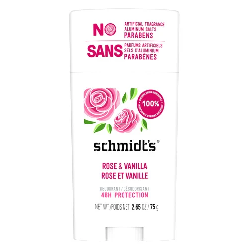 Schmidt's Aluminum-Free Vegan Deodorant Rose & Vanilla with 24 Hour Odor Protection for Women and Men, Natural Ingredients, Cruelty-Free, 2.65 oz