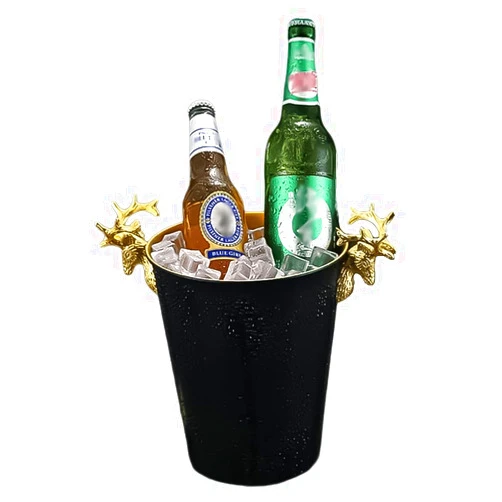 PuLAif Ice Bucket,Ice Buckets, Metal Deer Head Handle Insulated Champagne Bucket Stainless Steel 5 Liters Ice Holder for Cocktail Wine Home Bar Indoor or Outdoor Drink Buckets(Black,2L)