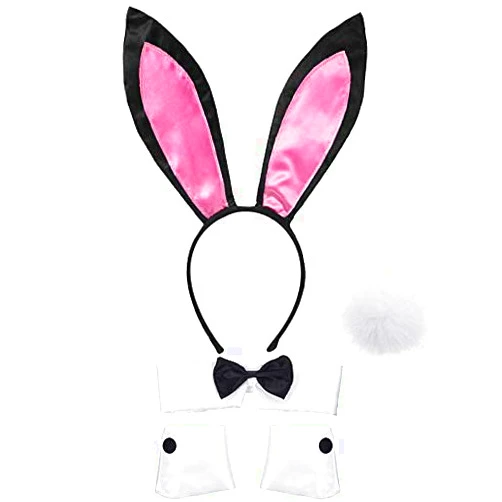 Anosiar Rabbit Ear Headband Bow Tie Cuffs Tail Bunny Accessory Set for Costume Party (Pink&Black)