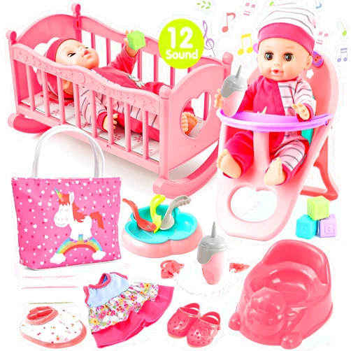 Golray 12in Girl Baby Doll Crib and High Chair Set - Sound&Pee Interactive Baby Doll with 20pcs Accessories Diaper Bag/Cradle/2 Clothes, Feeding Nursery Pretend Play Toddler Girl Toy Gift 3 4 5 6 Year