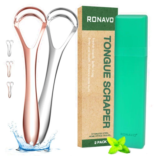 RONAVO Tongue Scraper for Adult with Thick Tongue Coating, Dual Scraper Design for Deep Clean Oral Care, Remove Bad Breath, for The Coffee Lover, Night Owls, Elderly, 2 Colors