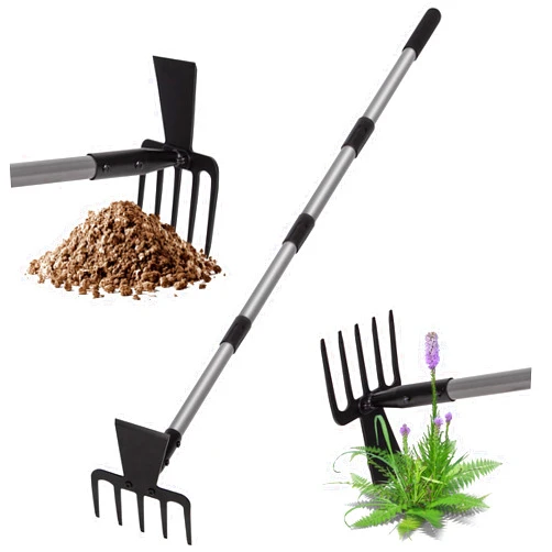 Walensee 2 in 1 Hoe Garden Tool, 63 Inch Garden Hoe Cultivator and 5-Tines Rake with 37-63 Inch Adjustable Long Handle, Weeding Tools Hand Tiller for Yard Lawn Flower Beds Planting Gardening Digging