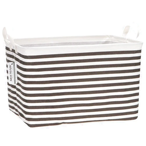 Sea Team Collapsible Canvas Fabric Storage Basket with Handles, Rectangle Waterproof Storage Bin, Box, Cube, Foldable Shelf Basket, Closet Organizer, 16.5 x 11.8 x 9.8 Inches, Black Stripe