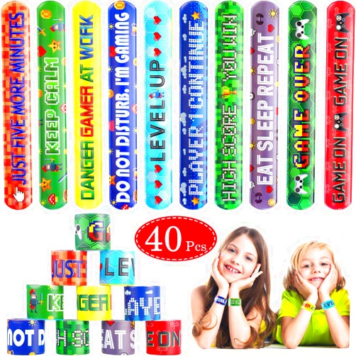 Blulu 40 Pcs Video Game Slap Bracelets, Pixelated Party Wristbands, Snap Bracelets for Kids, Gamer Birthday Party Favors (10 Styles)