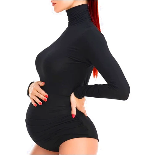 YONABTF Women's Maternity Shirt Bodysuit Long Sleeve Basic Top Mock Neck Bodycon T-shirt for Pregnant Photoshoot