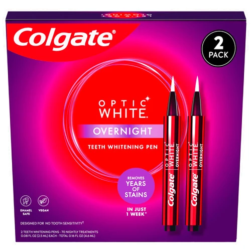 Colgate Optic White Overnight Teeth Whitening Pen, Enamel Safe and Vegan, Teeth Stain Remover to Whiten Teeth, Teeth Whitening for Sensitive Teeth, 35 Nightly Treatments Per Pen, 0.08 Oz,2 Pack