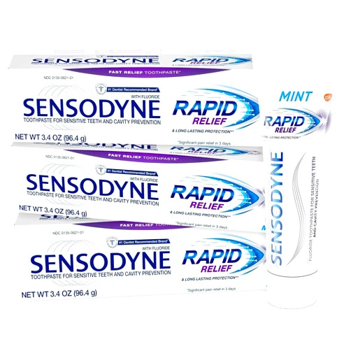 Sensodyne Rapid Relief Toothpaste for Sensitive Teeth, Mint with Fluoride, Adult Sensitive Toothpaste for Painful Teeth and Gums, Long Lasting Protection, 3.4 oz (Pack of 3)