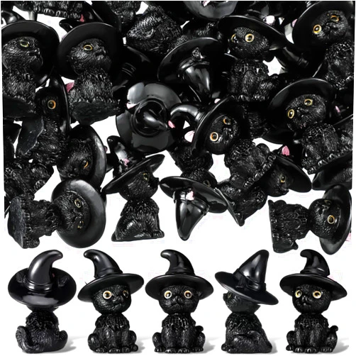 DoubleFill 50 Pcs Black Cat Mini Resin Figurine Decor Halloween Resin Cat Elf Spooky Halloween Decoration for Home Table Garden Party Favors Bag Fillers Garden Dollhouse Gothic Decor(Cute Style)