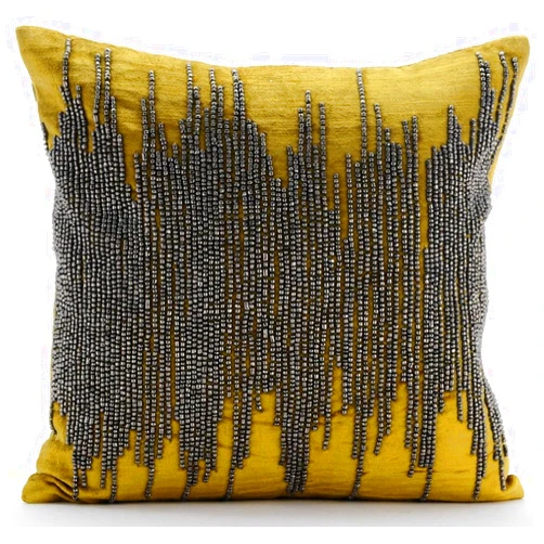 The HomeCentric Pillow Case Covers, 12x12 Inches Square Decorative Throw Pillow Cover Chartreuse Velvet Pillow Cover with Smoke Grey Beads Embroidery Easter - Chartreuse Spill