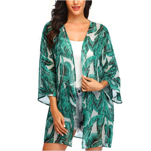 KirGiabo Women's Floral Print Kimonos Loose Tops Half Sleeve Shawl Chiffon Cardigan Casual Beach Cover Ups,B14-Green Leaf,M