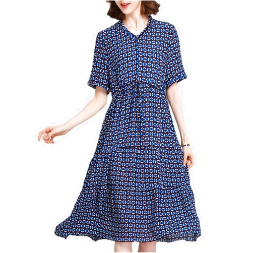 SHJINJU Dress Women's V-Neck Short Sleeve Printed Splicing 100% Silk Casual School Party A-Line Skirt