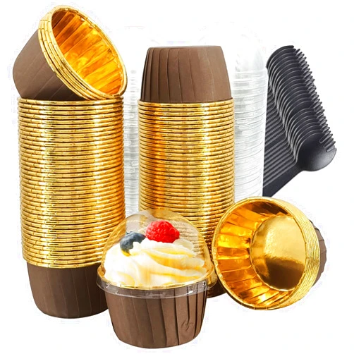 Free-Air Muffin Cups with Lids 100Pack,Free-Air 3.5Oz Foil Cupcake Liners,Mini Muffin Liners Cupcake Baking Cups,Disposable Muffin Tins Cupcake Wrappers,with Spoons-Brown in gold