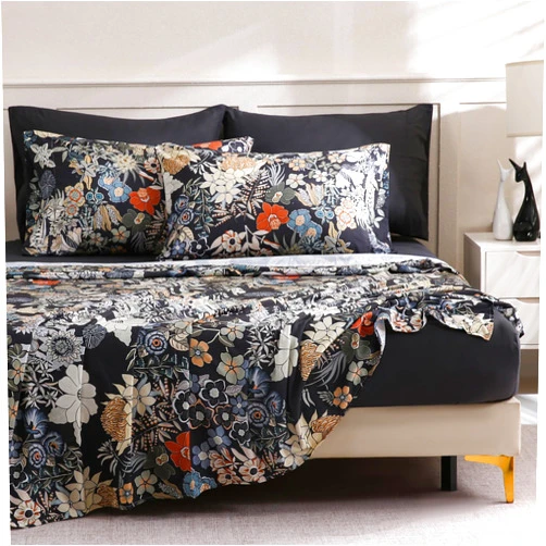 LONAVA Floral King Size Bed Sheet Set, 6 Piece, Deep Pocket Black Fitted Sheet, Comfy & Breathable Boho Patterned Flat Sheets, 100% Brushed Microfiber, Midnight Blossoms Printed
