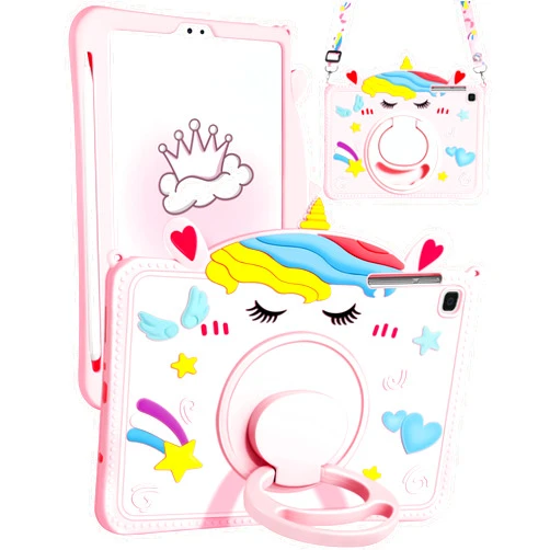 Gurgitat for Galaxy Tab A7 Lite Case - with Pen Holder Cute Cartoon Unicorn Silicone Cover with Rotating Stand & Strap Girly Teens Girls for Samsung Galaxy Tablet A7 Lite 2021 8.7
