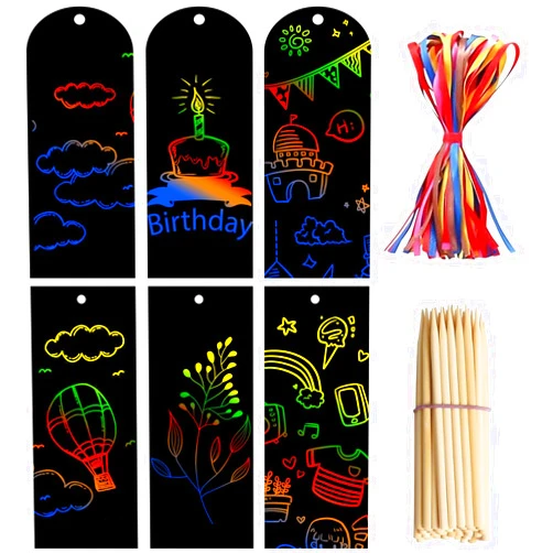 Anjmd Scratch Bookmarks Art for Kids 50 Set 2 Style Rainbow Scratch Paper DIY Bookmark Bulk with Scratching Tools Satin Ribbons for Classroom Activities