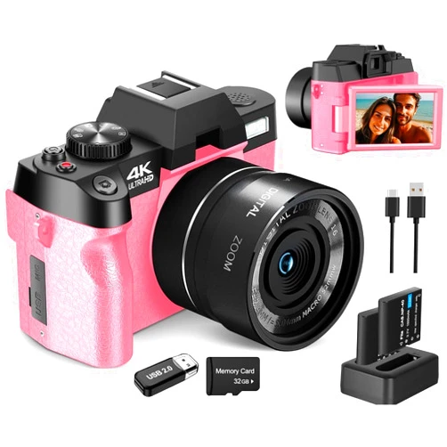 NBDDIGITAL 48MP Digital Cameras for Photography, 4k Video/Vlogging Camera for YouTube with WiFi & App Control, Travel Camera with 32GB TF Card & 2 Batteries,Compact Camera (s100 Pink