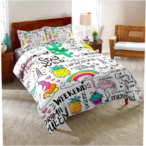 SHINICHISTAR Unicorn Flamingo Rainbow Comforter Set for Kids Teens Girls 3 Pieces Cartoon Drawing Bedding Sets Queen Size