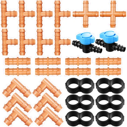 Kepmix 32 Pieces Drip Irrigation Fittings Kit: 1/2 Inch Drip Irrigation Tubing Set Includes 8 Couplings 8 Tees 6 Elbows 6 Plugs 2 Crosses 2 Valves for Sprinkler Systems