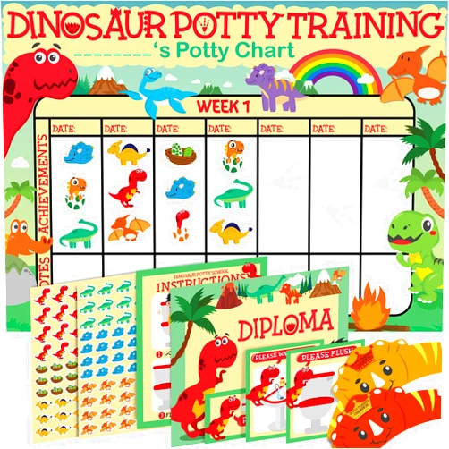 COZY GREENS Potty Training Chart for Toddlers, Dinosaur Design Reward Chart - 194 Cool Stickers, 2 Fun Crowns, Motivational Certificate, Bonus Instruction Cards, Booklet & Erasable Pen for Boys and Girls