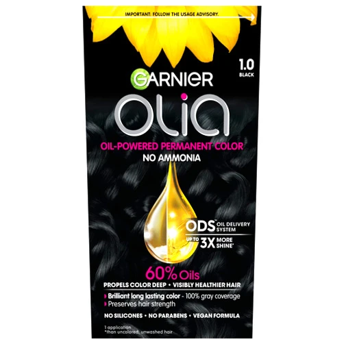 Garnier Olia Ammonia-Free Brilliant Color Oil-Rich Permanent Hair Color, 1.0 Black (Pack of 1) Black Hair Dye (Packaging May Vary)