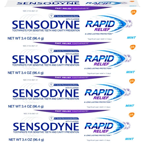 Sensodyne Rapid Relief Sensitivity and Cavity Prevention Toothpaste, Mint, 3.4 oz (96.4g) - Pack of 4