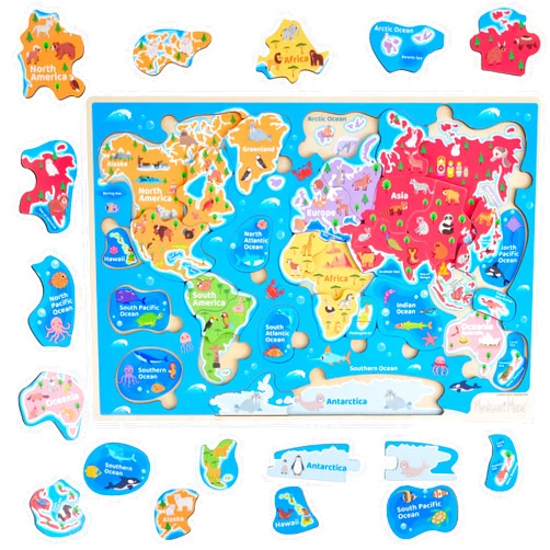 Montessori Mama World Map Wooden Puzzle, Continents and Oceans Puzzles for Kids Ages 4-6. Perfect Educational Toys for 4 Year Old Including Global Landmarks, Animals and Marine Life