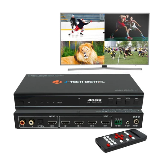 J-Tech Digital 4x1 HDMI Multi-viewer & Seamless Switcher 4K 60Hz | 4 in 1 Out w/ 8 Display Modes, Audio Extract, Aspect Ratio Change, OSD, PiP, PBP, Quad Viewing [JTECH-MV41A]