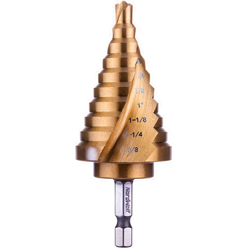 NordWolf HSS Titanium Step Drill Bit, Spiral Groove Double Flute Multiple Hole Unibit for Sheet Metal, 10 SAE Step Sizes 1/4